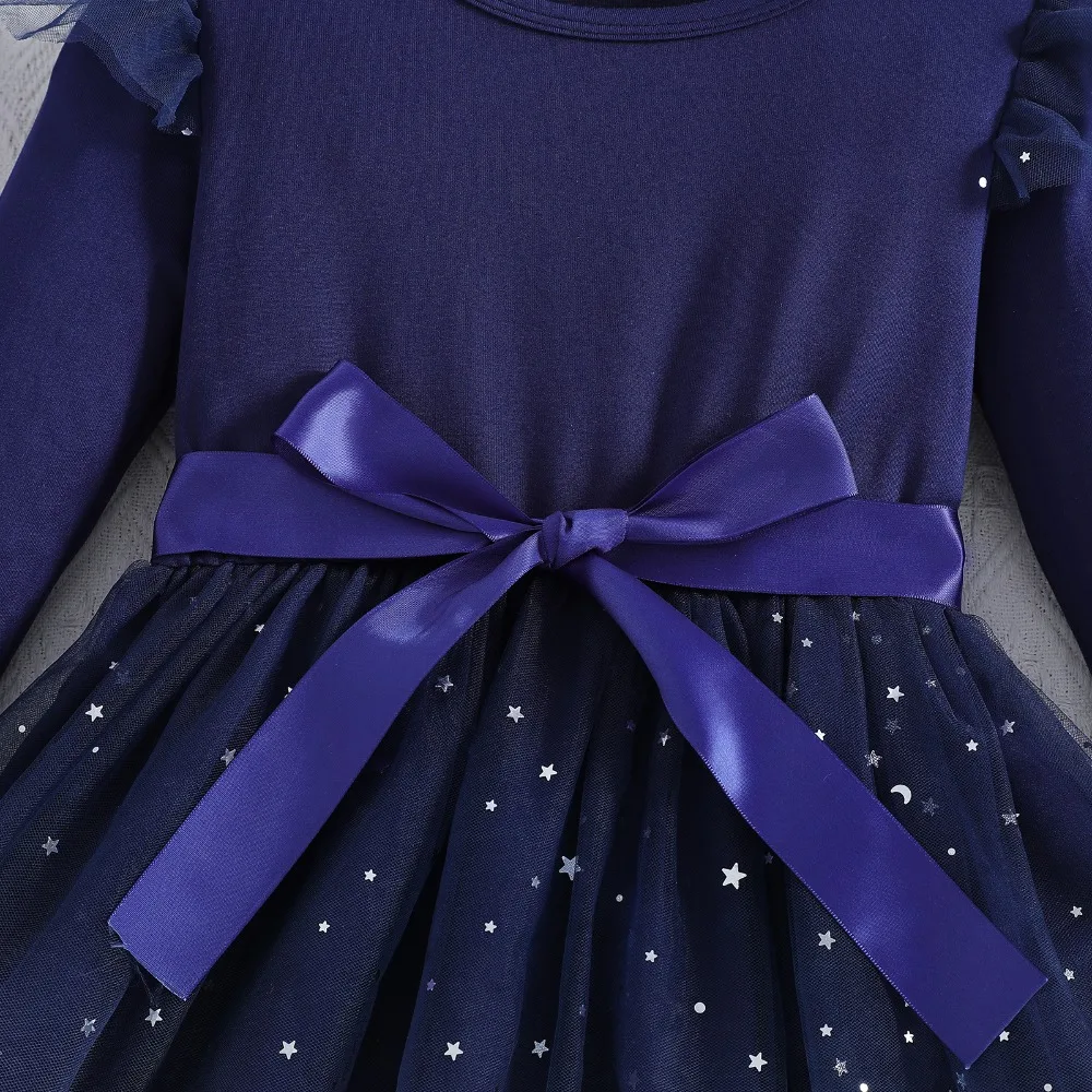 الدب زعيم طفلة فساتين الخريف شبكة الربط فستان بأكمام طويلة الترتر القوس الديكور حفلة عيد ميلاد ملابس الأطفال #3