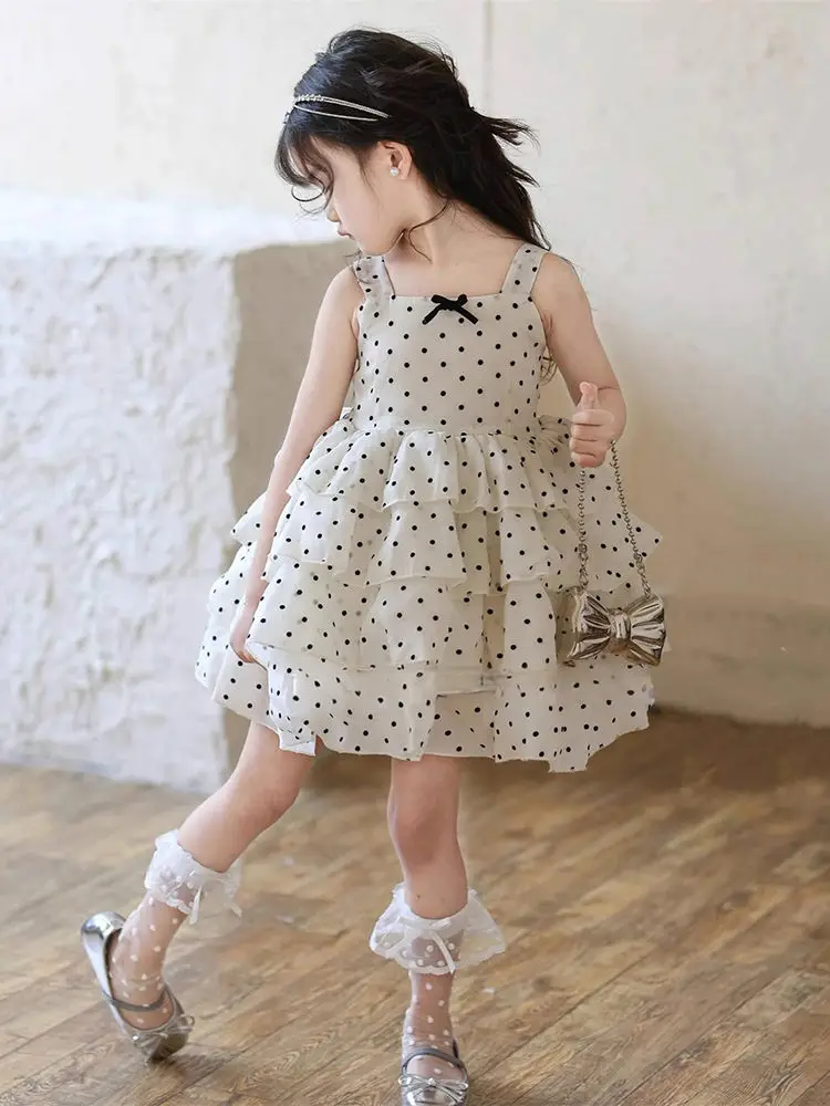 Baby Girls Summer Backless Dot Layered Princess Bow Sleeveless Dress Birthday Holiday Party Children Clothes Beach Sundress