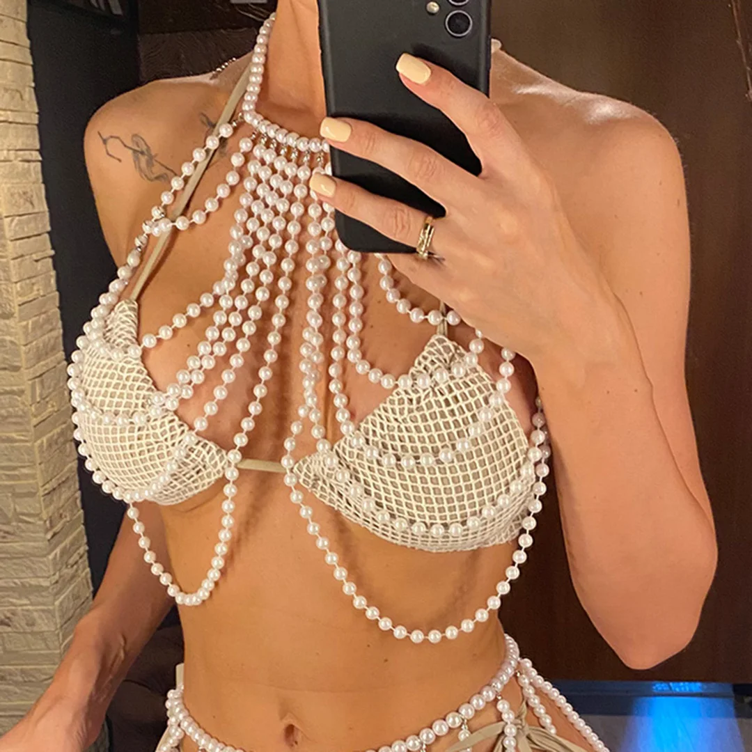 Luxuriöses Perlen-Neckholder-Bikini-Oberteil, durchsichtig, Damen-Badeanzug, Badebekleidung, Badeoberteil, Badeanzug, Badebekleidung, Badeoberteil mit Ausschnitten, Strandtop V5407 – Detail 3