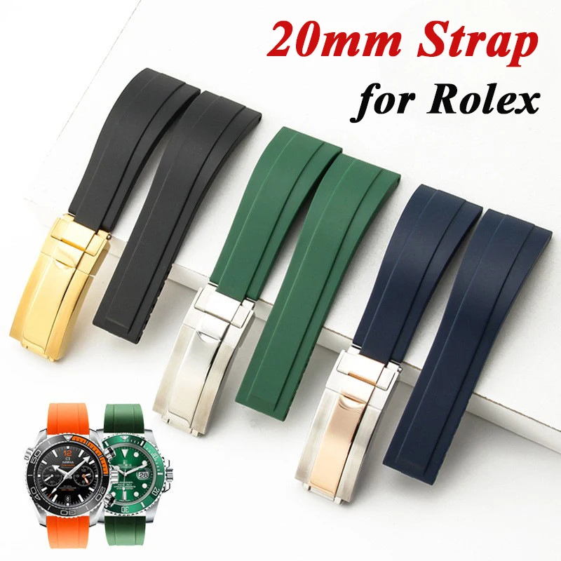 20mm Rubber Silicone Strap for Rolex GMT Daytona Band Diver Waterproof Adjustable Sport Bracelet 9×9mm Polished Buckle Watchband