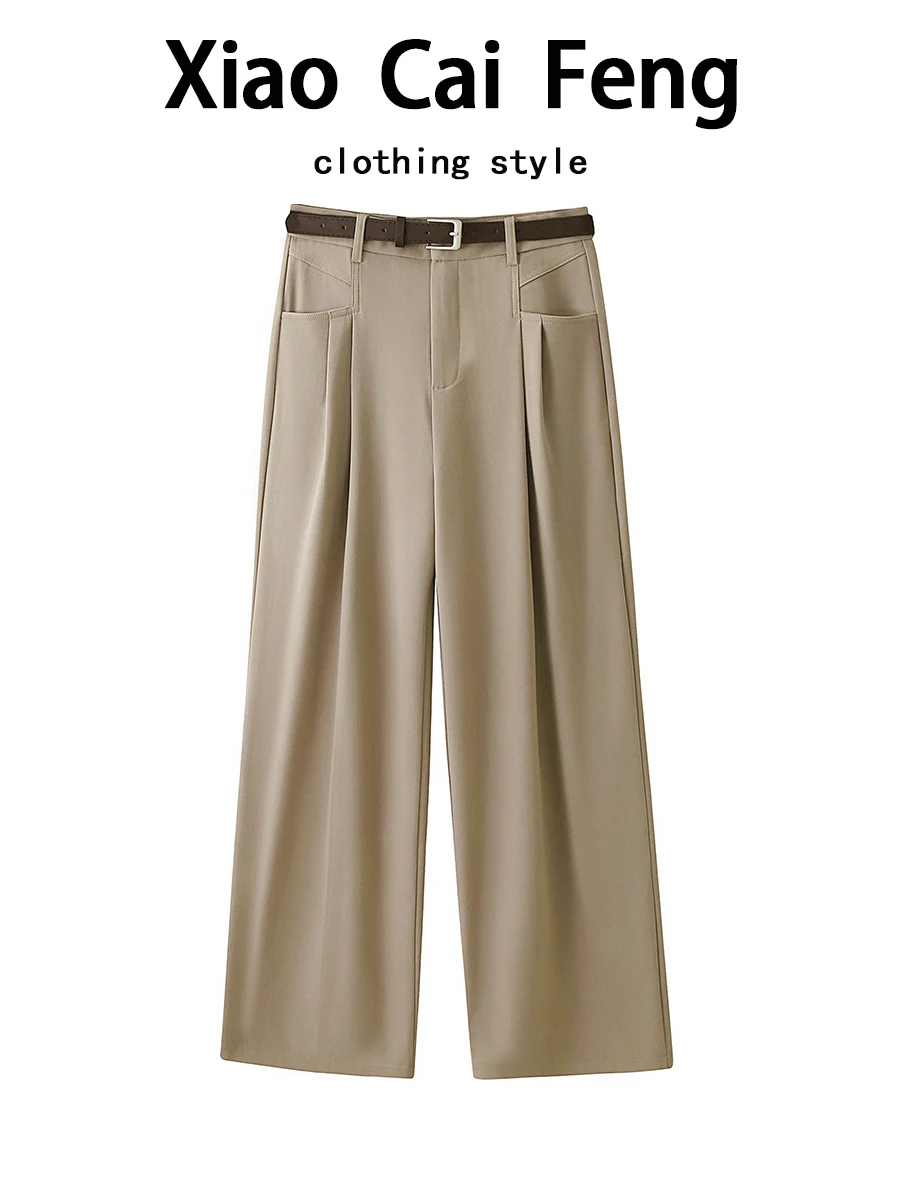 

Хаки, повседневные широкие костюмные брюки, женские весенне-осенние свободные драпированные длинные брюки с высокой талией, модный прямой крой