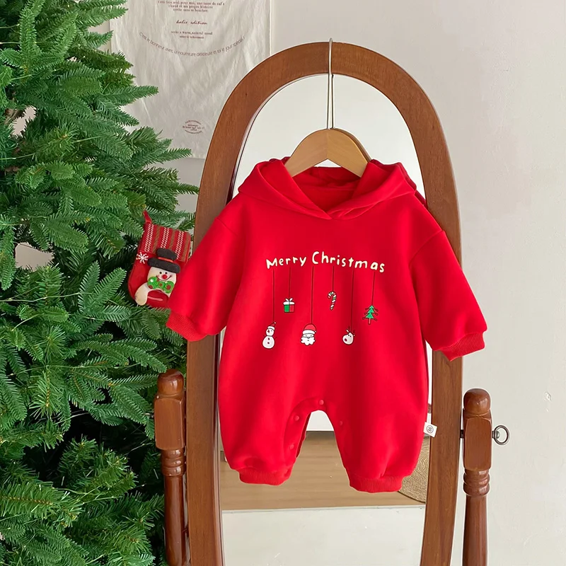 Christmas Baby Jumpsuits Fleece Lining Newborn Romper Infant Boys Girls Clothes Hooded Toddler Outfit Kids Onsie for New Year