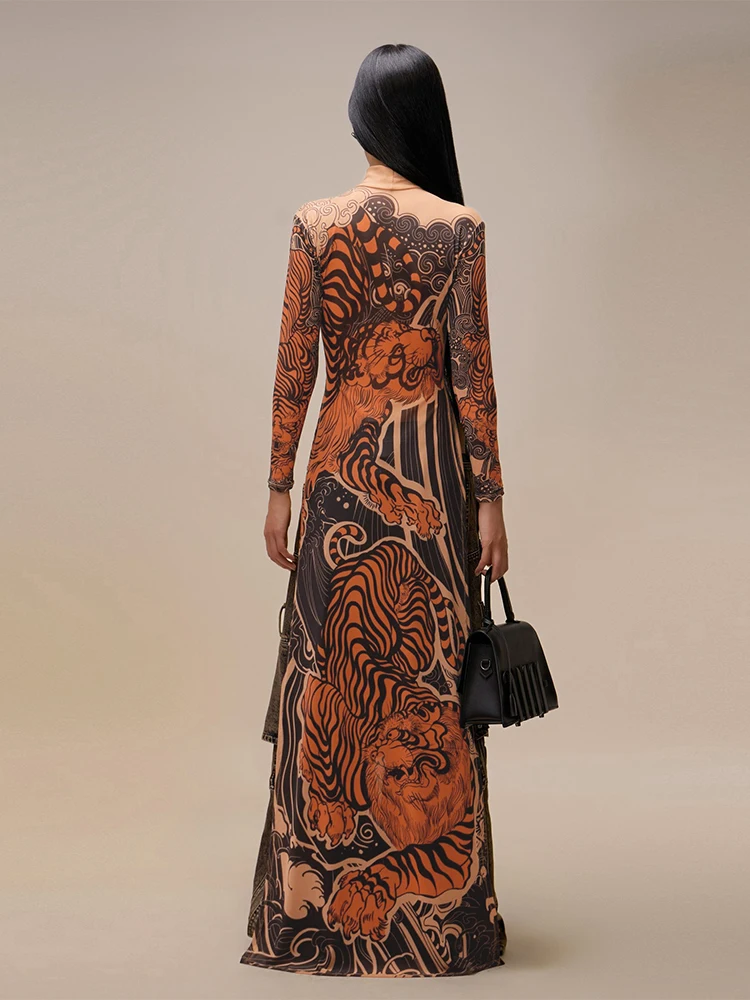 Kliou Vintage Folk พิมพ์ผู้หญิง Maxi เสื้อยืดแฟชั่นน่าสนใจแขนยาวแยกเสื้อยาวหญิงฤดูใบไม้ผลิใหม่ Tees