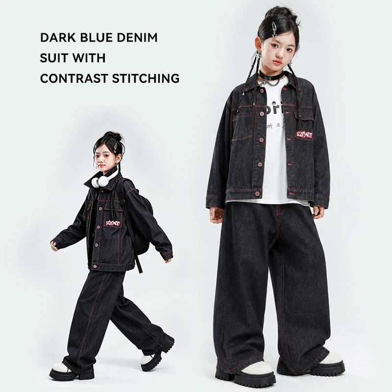 Spring Autumn Trendy Hip Hop Girl Cowboy Suit High Street Unisex 2-pcs Set Y2k Punk Vintage Denim Jacket+Straight Leg Jeans Sets
