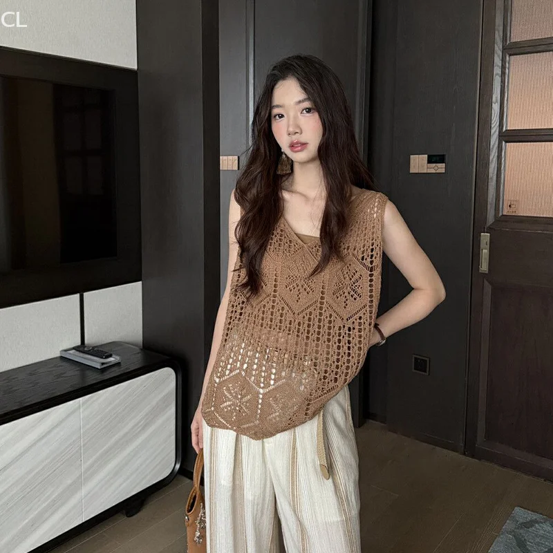 

Fashion Korean French Casual Loose Sleeveless Knitted Vest Blouse Women Summer