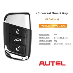 1 Pieces AUTEL MAXIIM IKEY IKEYVW003AL IKEY Series 3 Buttons Smart Key 315/433 MHz for VW Used for KM100 KM100E IM508 IM608 Pro