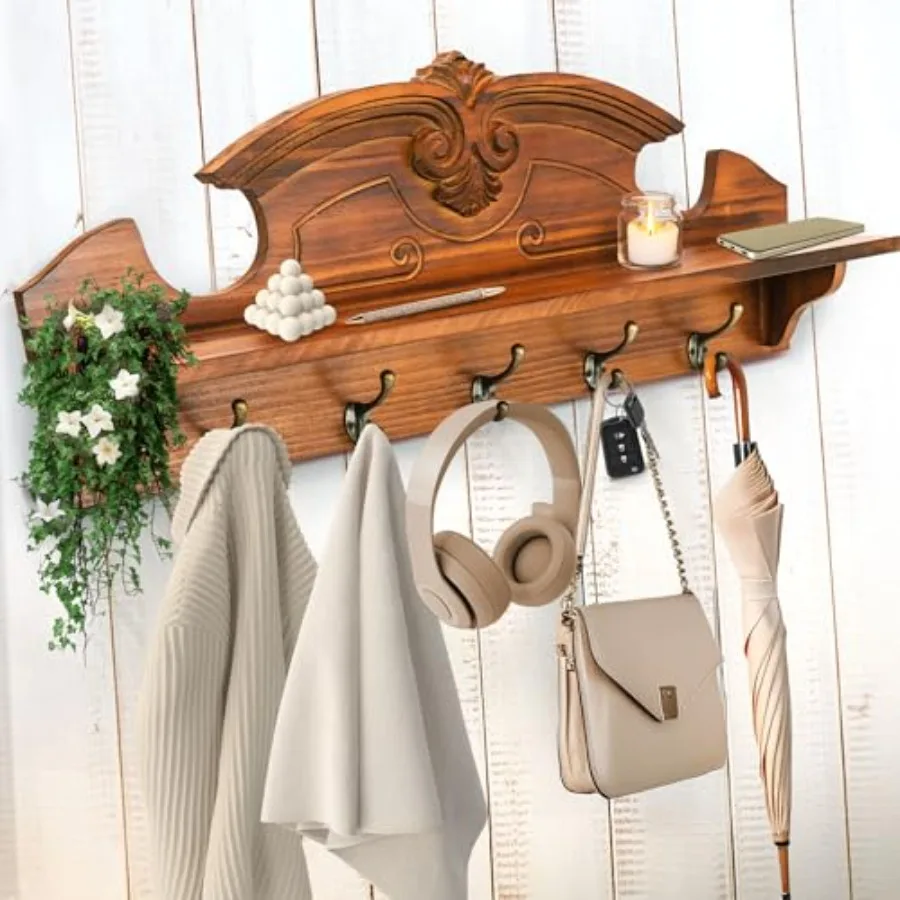

Coat Hanger Wall Mount with Shelf - Gorgeous 24" Farmhouse Coat Rack Wall Mount with Shelf with Hooks for Entryway - Wall Mount
