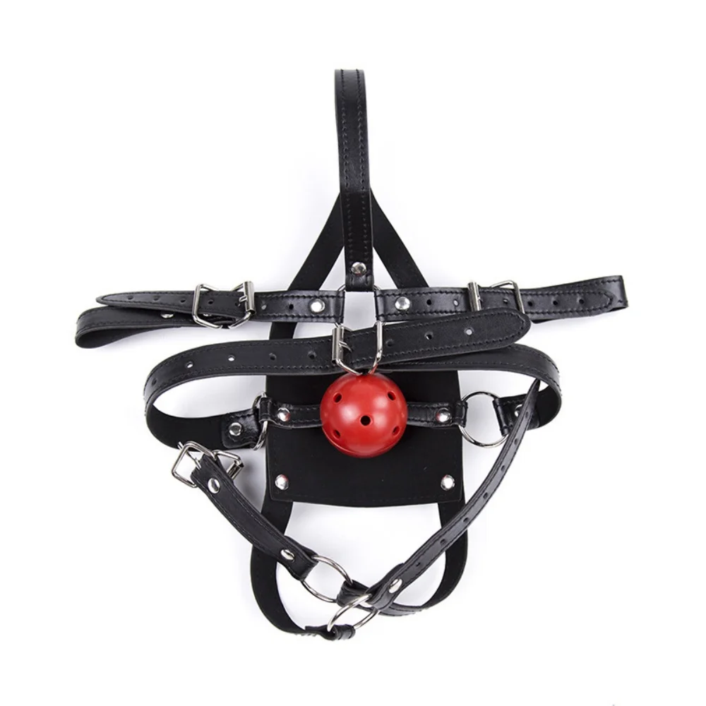 Adjustable Leather Black Bondage Hood Ball Gag Mouth Gag Bdsm Sex Toys For Women Men Adult SM Play Games Head Restraints Harness view 2
