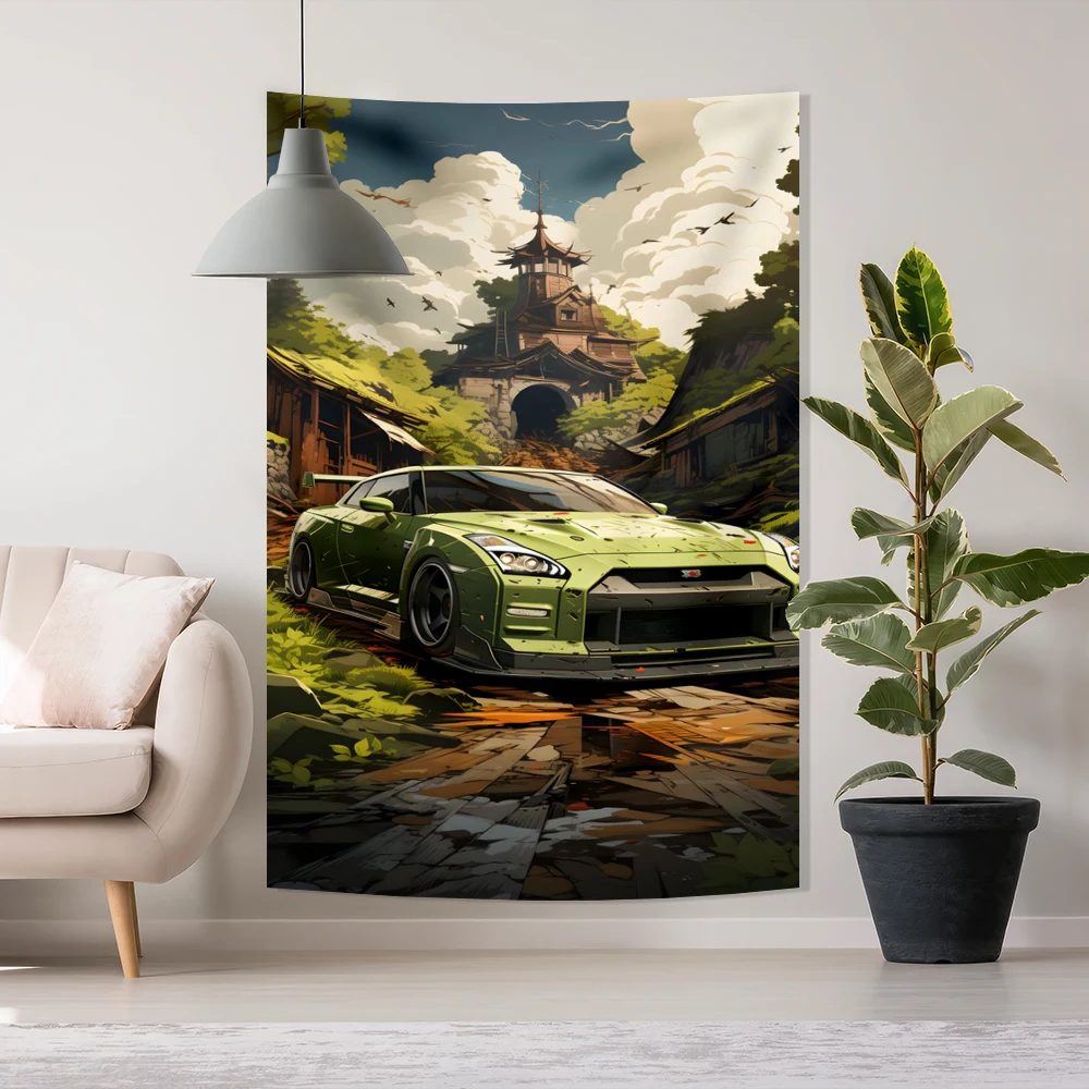 3x5ft Tapestry For Bedroom Aesthetic Wall Hanging Decor Home Art Tapestry Japan Jdm Car Supras Green Parking Rainy Season Street