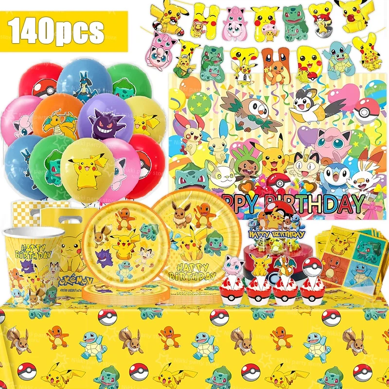 Décoration d'anniversaire Pokémon, costume Pikachu, fournitures de fête, ballons, toile de fond, nappe, assiette, gobelet en papier, autocollants, jouet pour baby shower