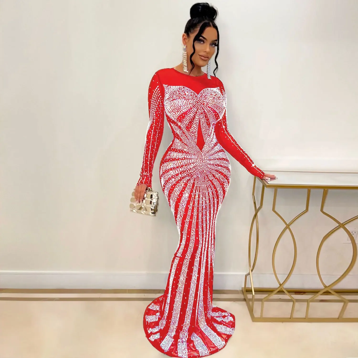 Sukienka damska Sukienki o długości do podłogi Okrągły dekolt Suknia imprezowa z pełnym rękawem Gorące wiercenie Hip Wrap Sexy Vestidos Wieczór Slim Fit — zdjęcie 7