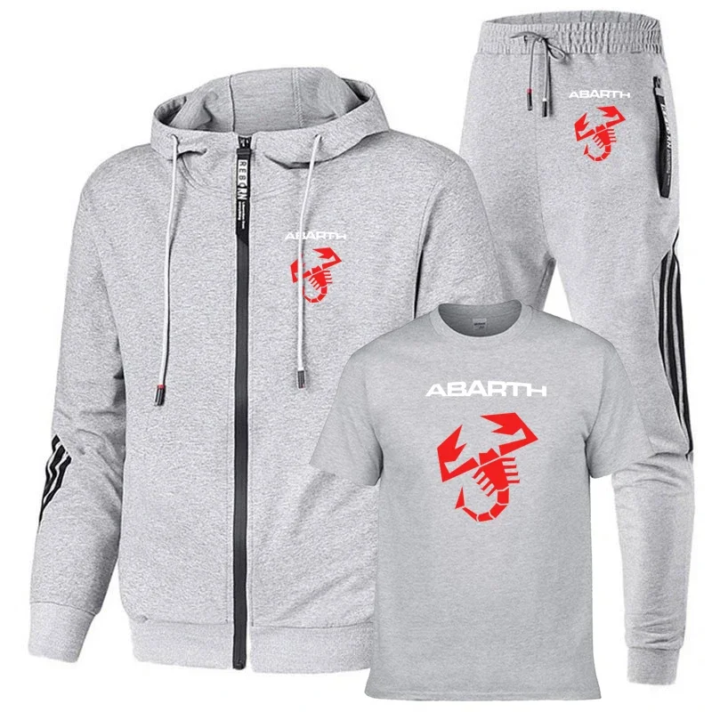 Men's suits Abarth car logo Printed casual trend Fashion Solid color stripe cotton Men's sweatshirt+T-shirt+sports pants 3-piec