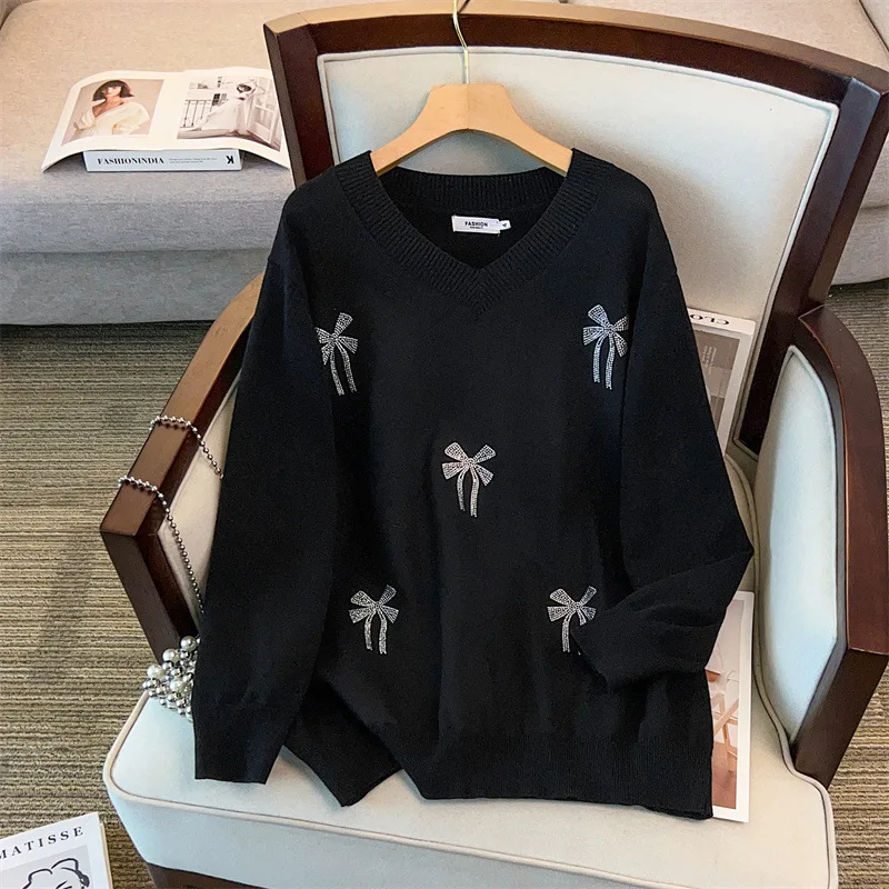 

170Kg Plus Size Women's Bust 160 Autumn Winter Diamond Bow V-Neck Knitted Sweater Black 4XL 5XL 6XL 7XL 8XL 9XL