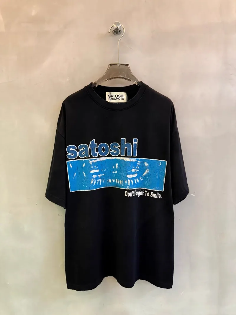 Satoshi Nakamoto Blue Crack Print Shirts Washed Retro Heavy Fabric Oversized Black T-Shirts