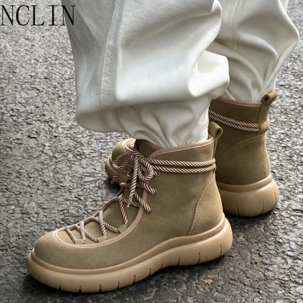 Chaussures décontractées pour femmes d'automne, à semelle épaisse, bout carré, rehaussantes, en daim de vache, bottines à lacets, style urbain