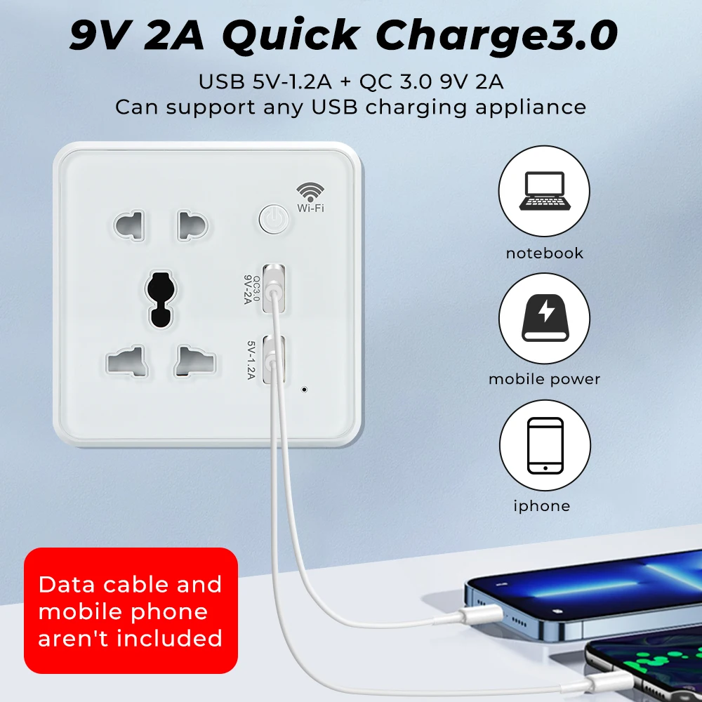 Tuya WIFI USB Smart Wall Socket US EU UK Universal Plug 9V2A Touch Tempered Flass Panel 3.0 Fast Charging with Alexa Google Home