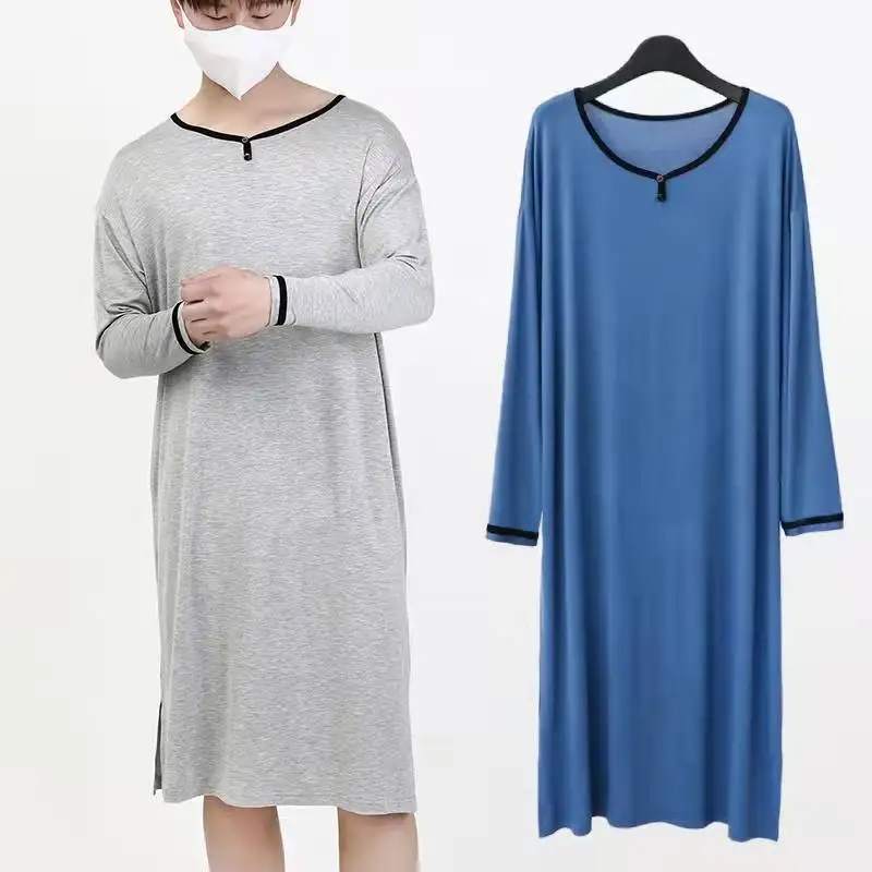 

Men Modal Round-Neck Sleepwear Plus Size 3Xl Nightgown Patchwork Robe Gown Loose Home Clothes Baggy Nightwear Loungewear