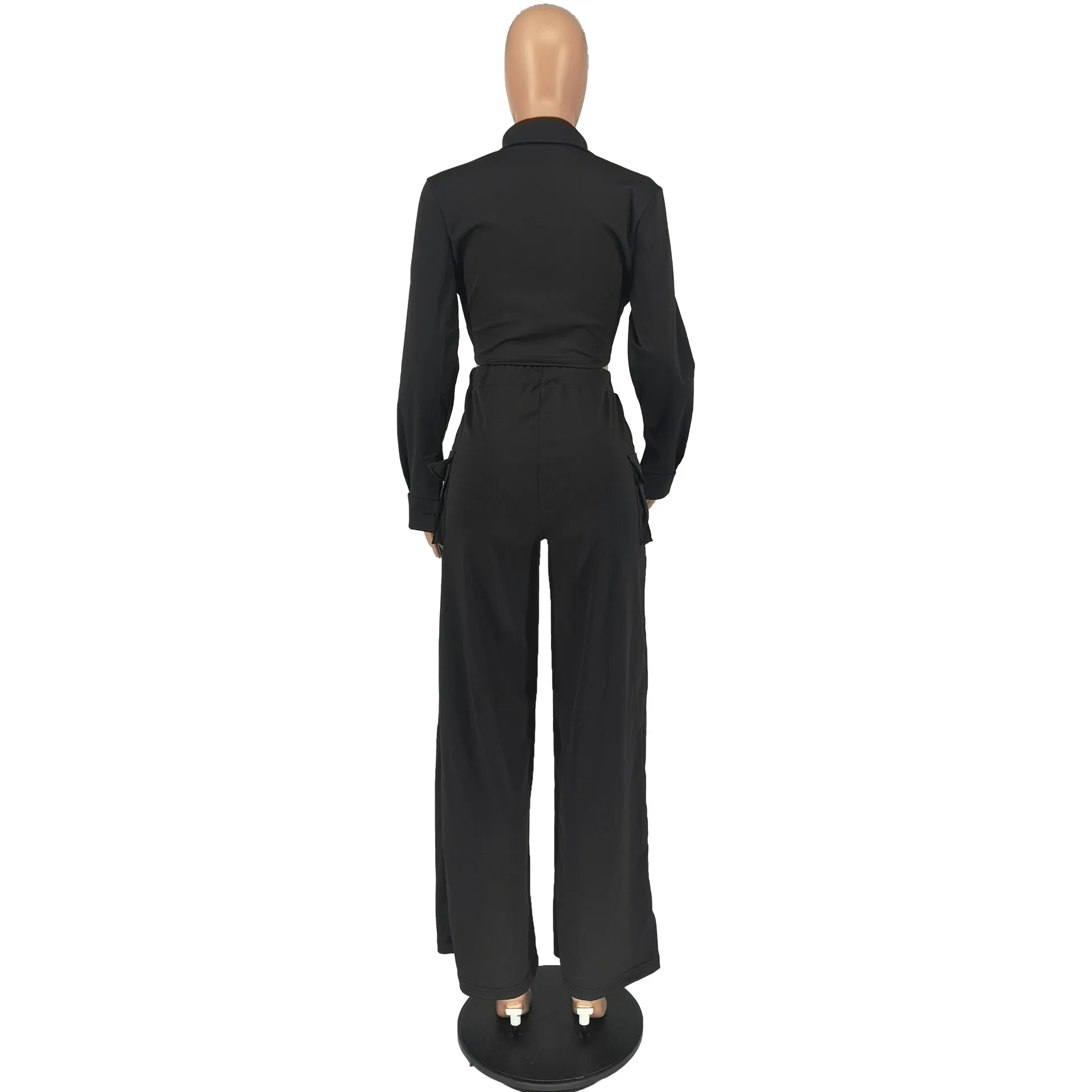 Women's Autumn & Winter Two-Piece Set  Overalls Fashion Solid Color Long-Sleeved Jacket Coat & Multi-Pocket Wide-Leg Pants Suit