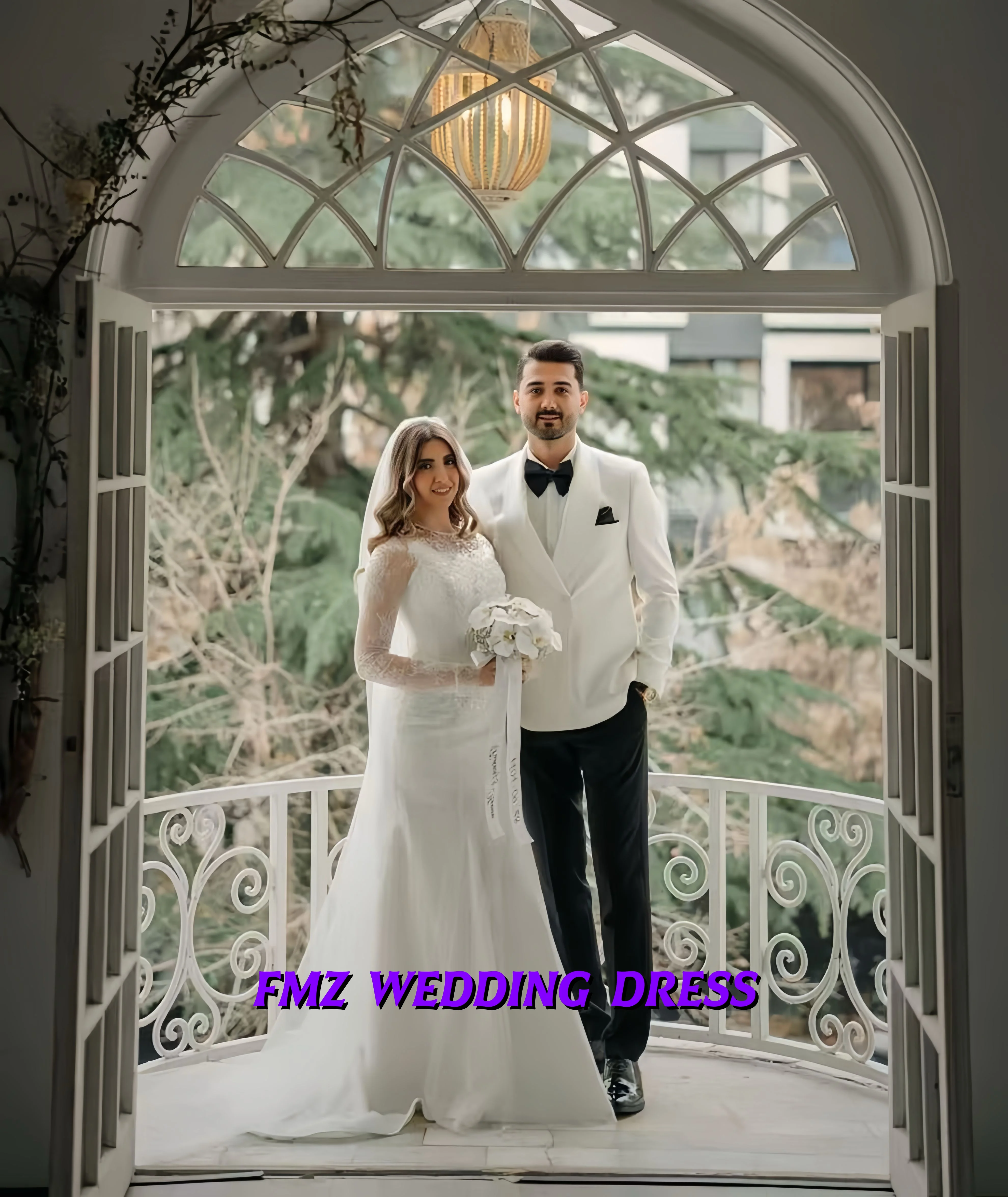 فستان زفاف أنيق مخصص بياقة مستديرة وأكمام طويلة، تصميم A-LINE، فستان زفاف، فساتين عروس