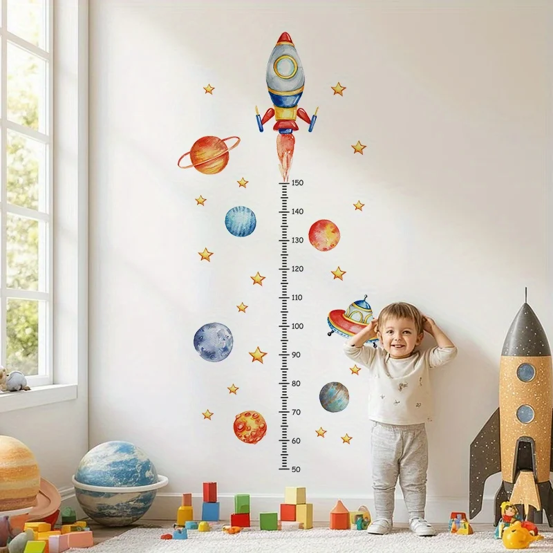 2Pcs Space Themed Kids Growth Record Wall Sticker Cartoon Rocket Planet Height Measurement Decal