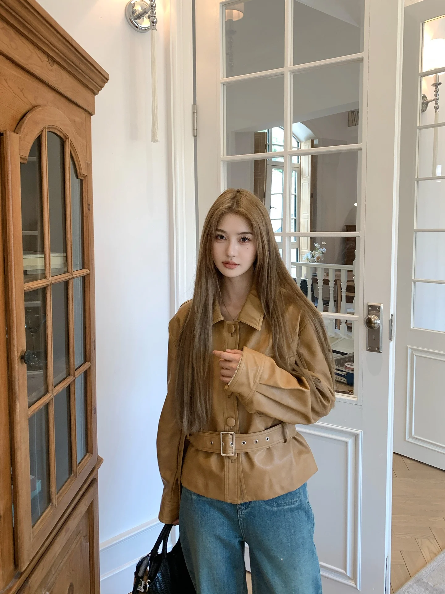 

Кожаный жакет SSONG для женщин, осенний винтажный пиджак с эффектом утягивания талии, прямой крой, удлиненный рукав