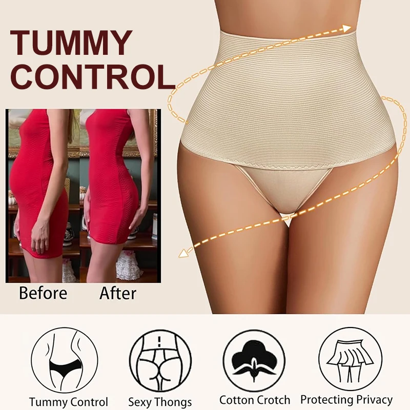 Dimmkof Ribbed Waist Trainer Shapewear Women's Seamless Tummy Control Underwear Compression Sexy Crotch Faja Girdle Body Shaper