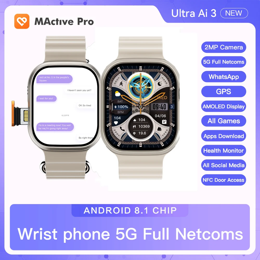 4G 5G Microwear U ltra Ai 3 Smart Watch 2+ 16 GB AMOLED NFC ChatGPT 49mm GPS Wifi Camera Sim Card Call APP Download Smartwatch