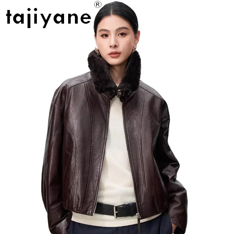 

TAJIYANE Oil-Wax Sheepskin White Goose Down Jacket Woman Wool Collar Coat Short Real Leather Jackets 2025 Winter Clothing шуба