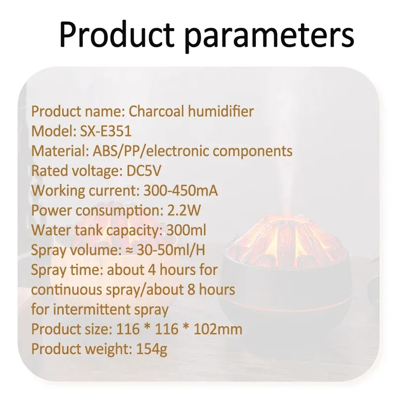 Charcoal Flame Humidifier, Aromatherapy Essential Oil Diffuser, 300ml Mist Ultrasonic Humidifier for Bedroom,Office Night Light