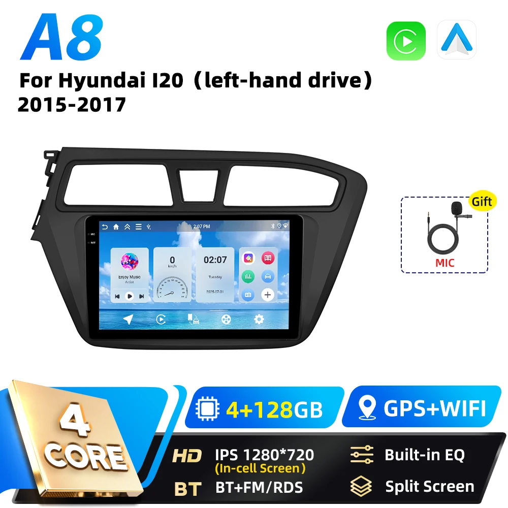 Podofo Qualcomm 8-Core 2DIN Android autoradio voor Hyundai I20 2015 2016 2017 met draadloze Carplay, DSP, WIFI, RDS, GPS, FM en BT