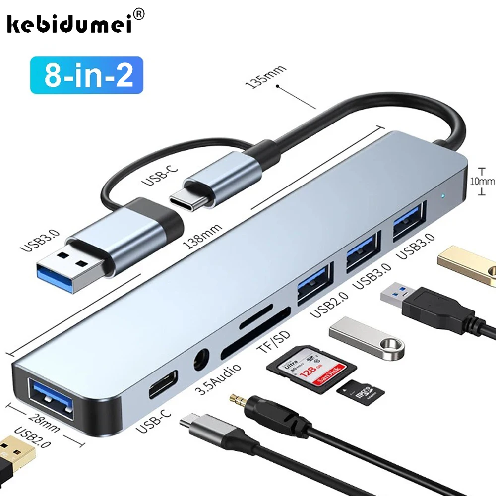8-IN-2 USB HUB 3.0 USB C HUB Dock Station 5 Gbit/s Hochgeschwindigkeitsübertragung USB Splitter Typ C auf USB OTG Adapter für MacBook Pro
