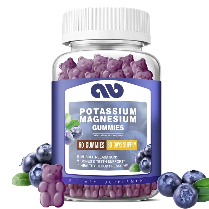 Adult and children\'s potassium magnesium gummies, suitable for leg and muscle health, blueberries, 60 capsules