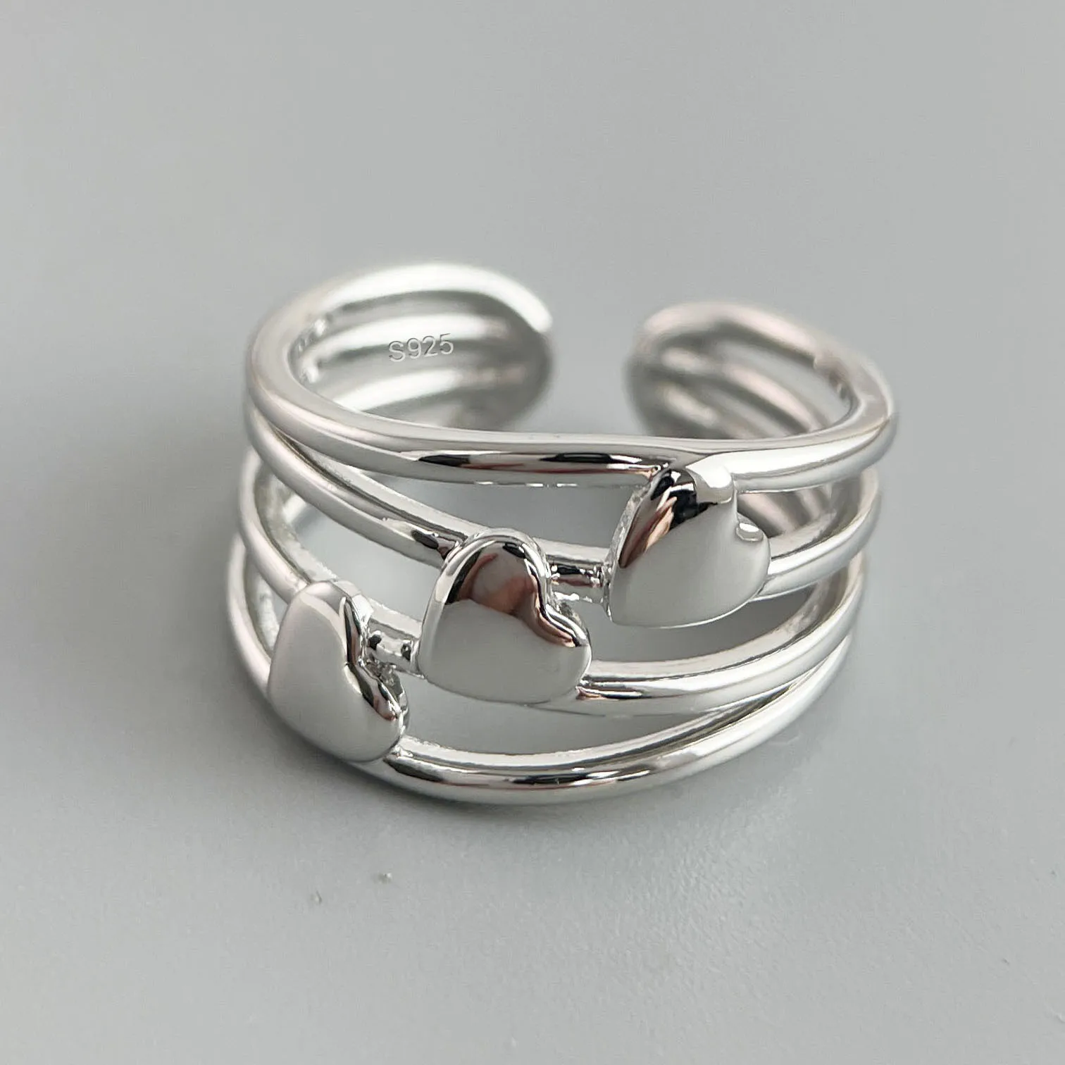 

925 Sterling Silver Finger Rings for Women 3 Layers Heart Couple Minimalist Ring Party Jewelry Gift Prevent Allergy