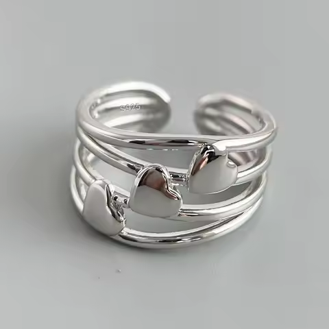 925 Sterling Silver Finger Rings for Women 3 Layers Heart Couple Minimalist Ring Party Jewelry Gift Prevent Allergy