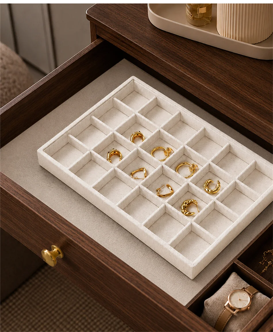 Oirlv Schmuck-Display-Tabletts, stapelbare Schmuck-Organizer-Tabletts, Leinen-Display-Box für Ringe, Ohrringe, Halsketten, Schubladenorganisation – Detail 7