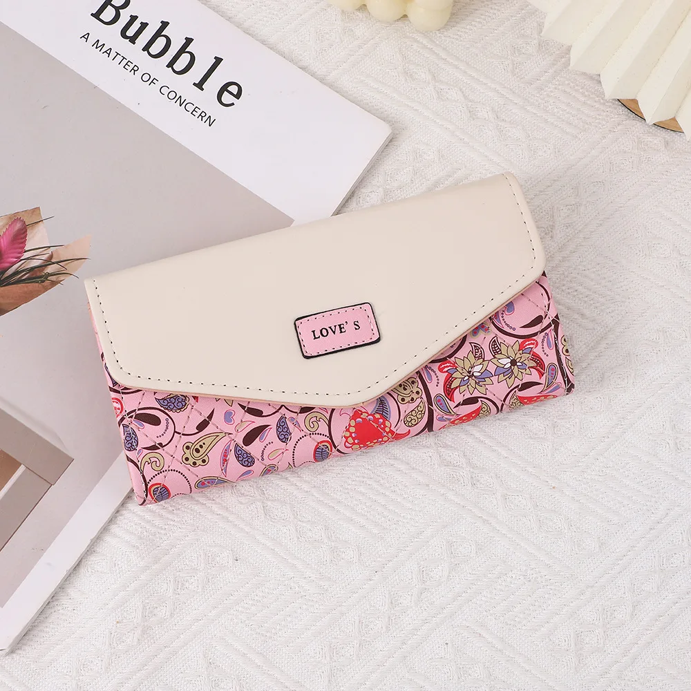 

New Korean Women's Wallet Bag - Pastoral Floral Contrast Color, Tri-Fold Envelope Buckle Zipper Purse