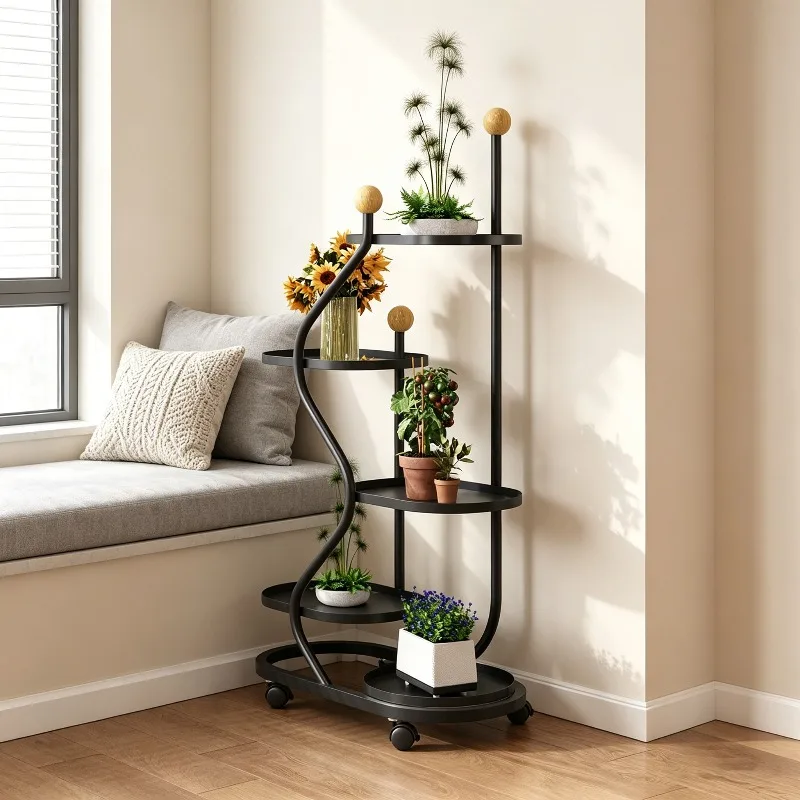 Multi-Tier Iron Plant Stand Metal Flower Pot Holder Living Room Potted Storage Rack for Balcony Green Vine Botanical Display