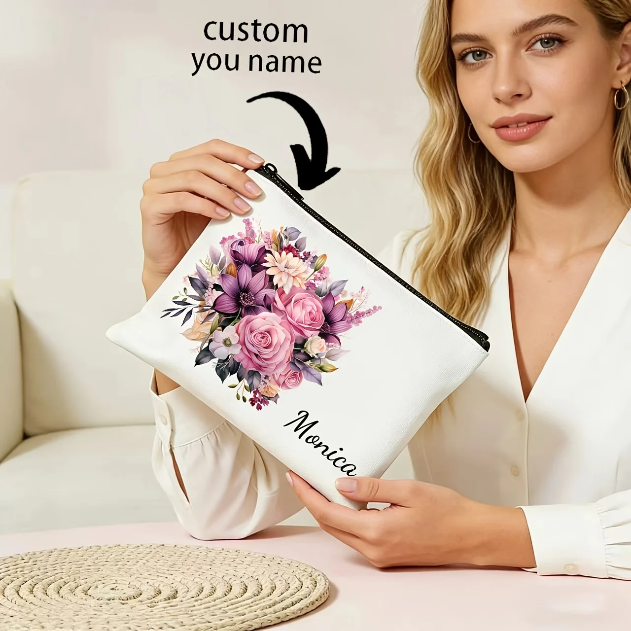 Personalized Name Custom Makeup Bag, Printing Exclusive Name in Lush Flowers, Making Each Storage a Romantic Ritual