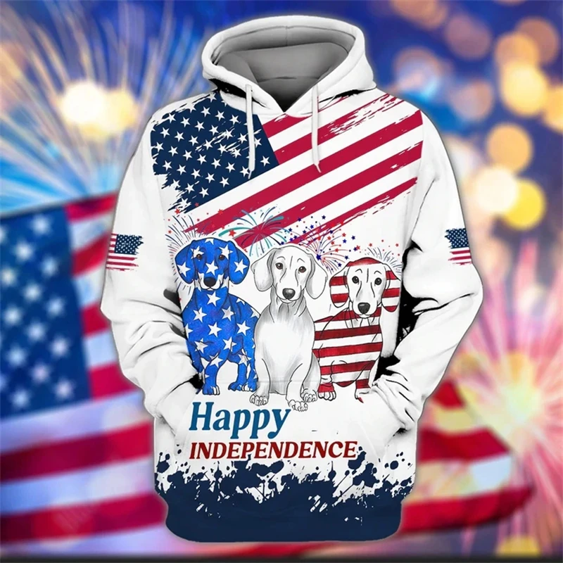 

2024 New Fashion Men Women Hooded Sweatshirts Independence Day Pattern USA National Flag 3d Print Hoodies Long Sleeve Pullovers