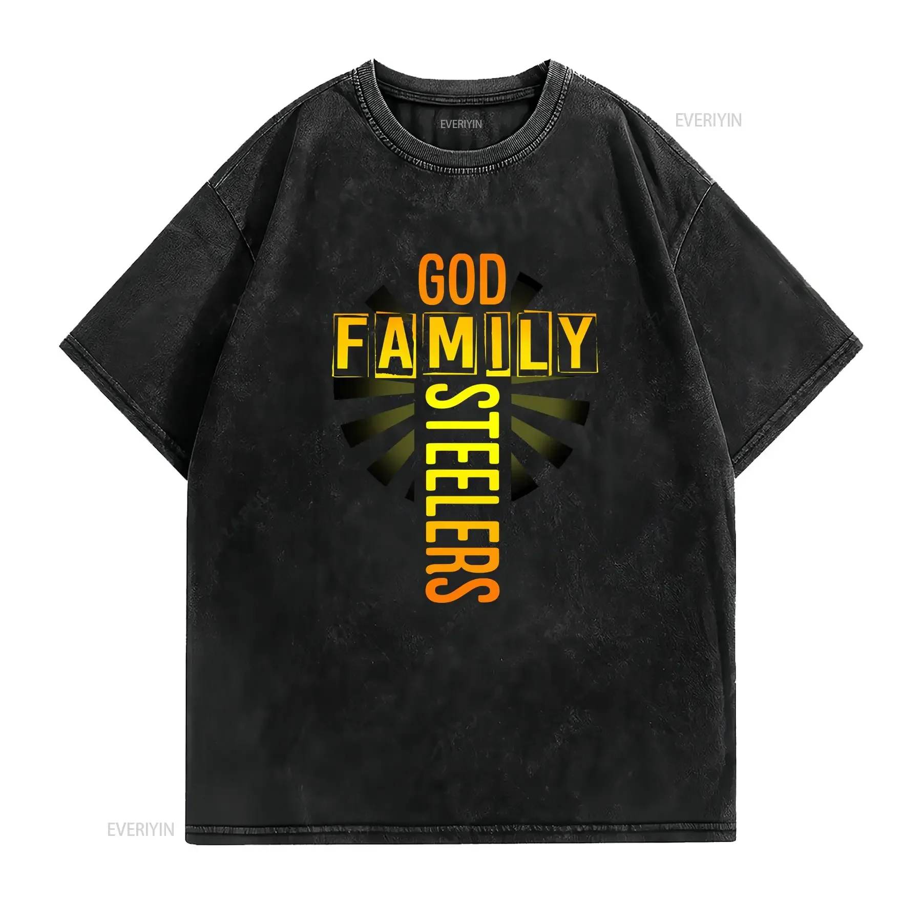 تي شيرت God Family Steeler تي شيرت عيد الأب عتيق مغسول ملابس الشارع غير رسمية للرجال ناعمة ممتدة وأنيقة قليلاً ومريحة #2