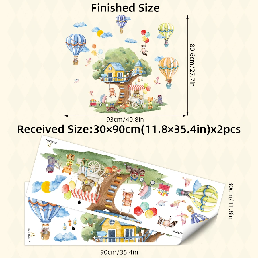 ملصقات جدارية على شكل شجرة كرتونية وحيوانات بالونات - ملصقات فينيل كبيرة قابلة للإزالة لديكور غرفة الأطفال وغرفة اللعب وغرفة الغابة الغريبة