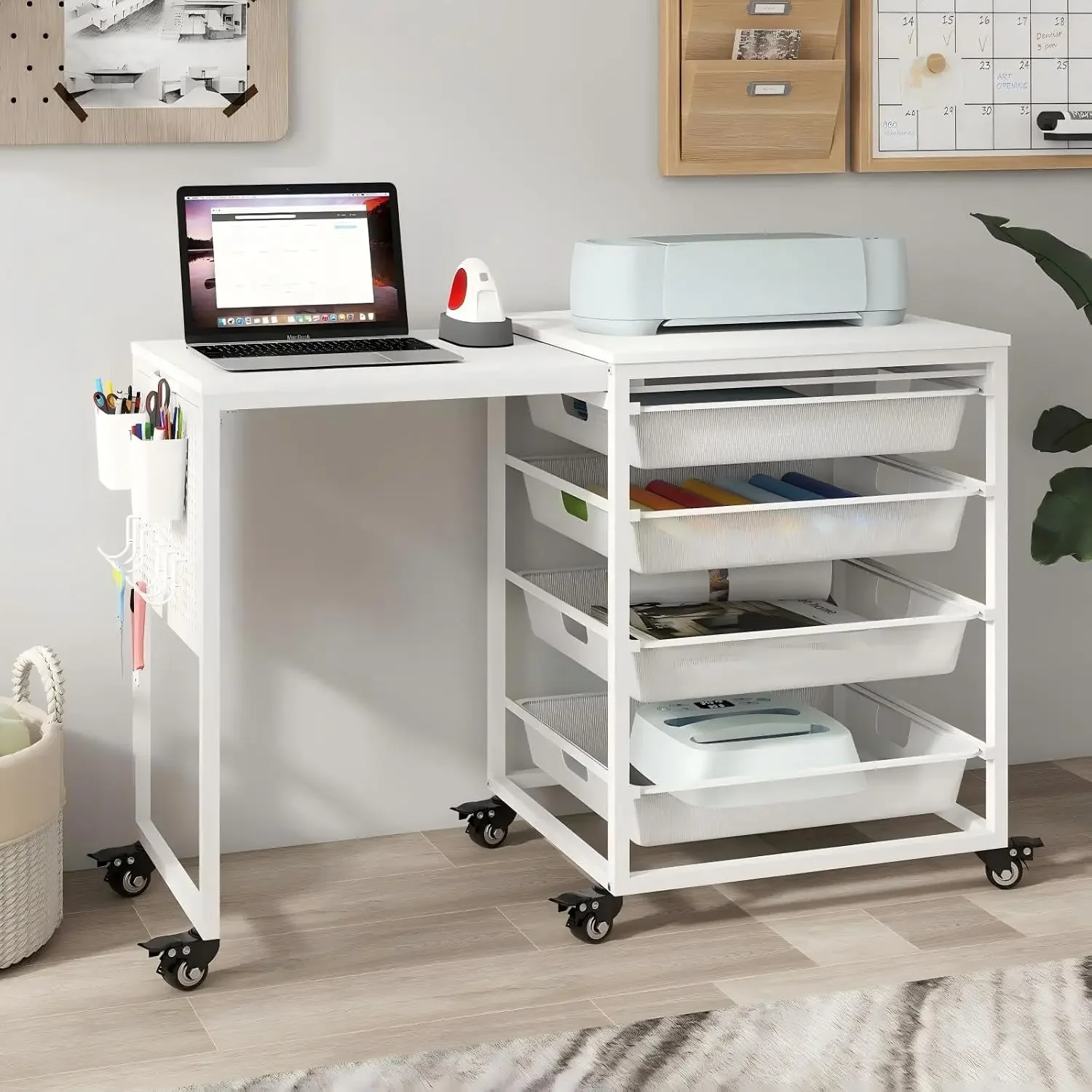 Craft Table with Wheels & Drawer,Extendable Cart with Pegboard,White | Rolling Crafting Desk for Cricut,Sewing, Arts and Scrapbo