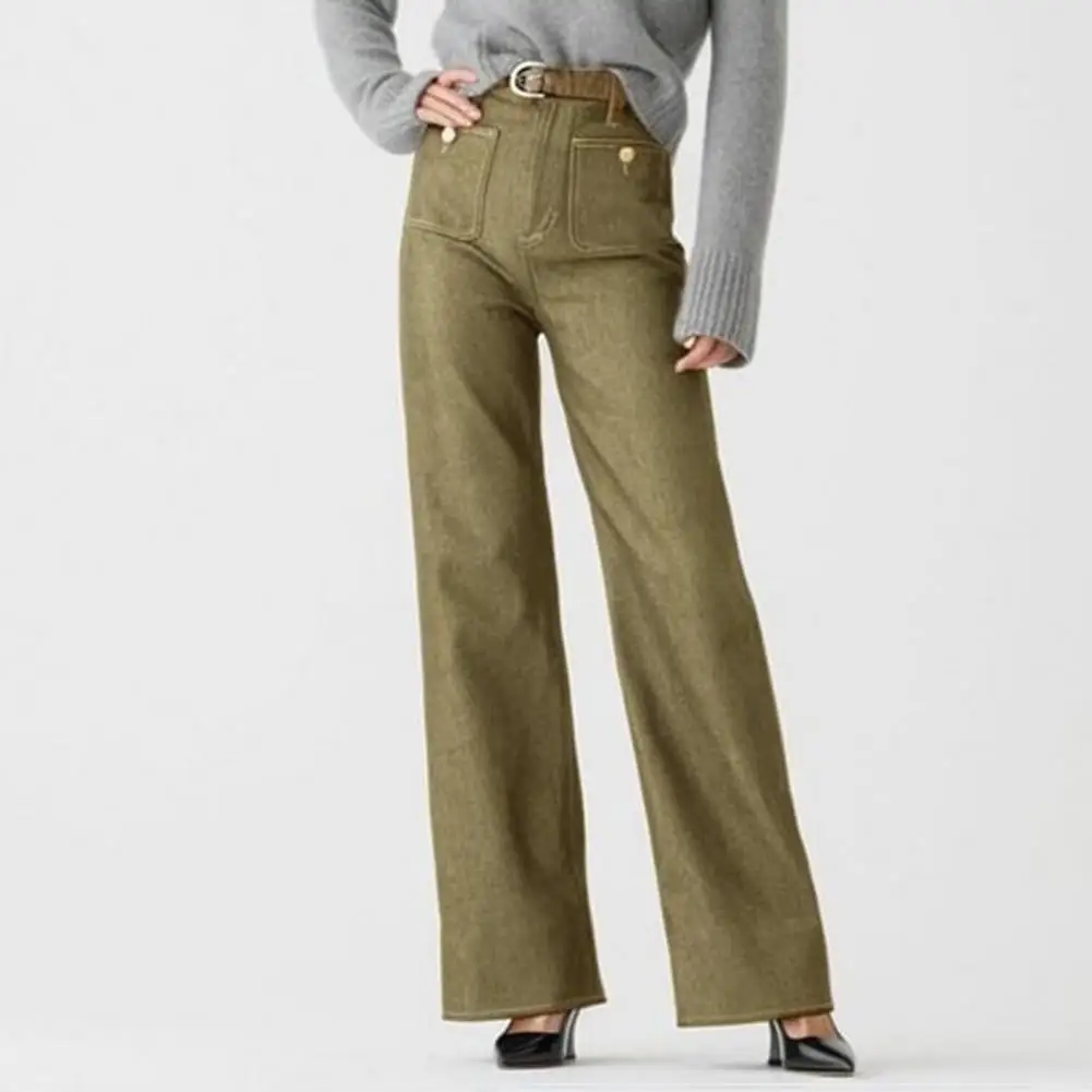 Pantalones vaqueros lisos de pierna ancha para mujer, pantalones vaqueros de cintura alta con múltiples bolsillos, talla grande