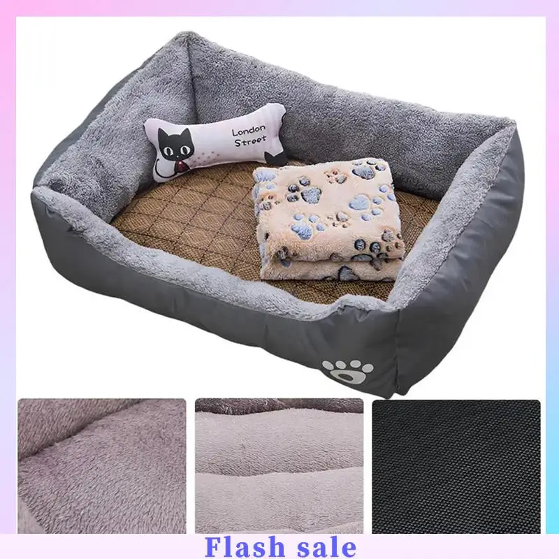 

A06R Dog Bed Cat Dog Sofa Bed Dog House Nest Cave Rectangle Soft Cat Dog Sofa Bed With Cooling Mat Blanket & Toy Bone