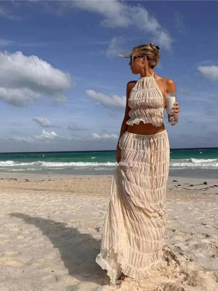 

Boho Women Sexy Backless Matching Suit 2 Piece Beach Holiday Outfits Vintage Ruched Halter Cami Tops + Maxi Long Skirt Party