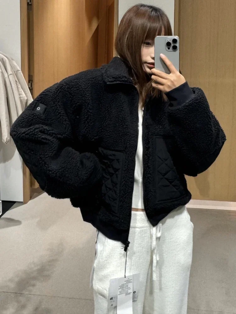 

Casual Fashion Warm Lamb Fleece Jackets for Women High Street Zipper Winter Jacket Women Loose Fit Long Sleeves Short Jacket