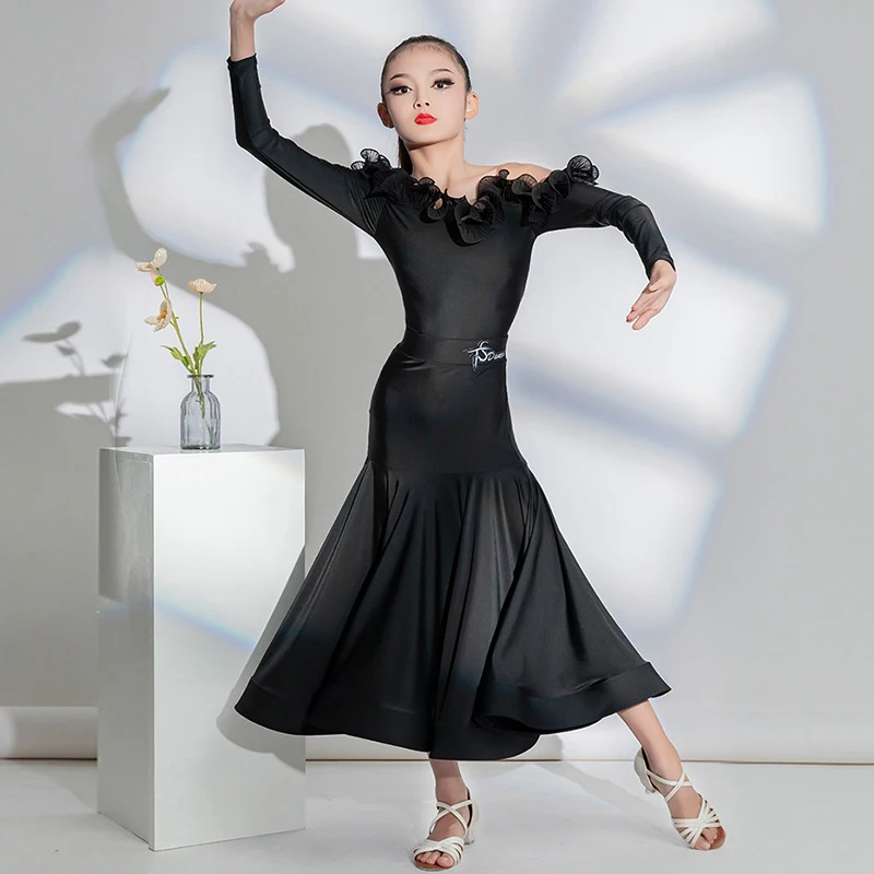 

Girl Ballroom Standard Dance Dress Kid Off Shoulder Long Sleeve Black Dance Suit Modern Dancing Performance Practice Wear 5158