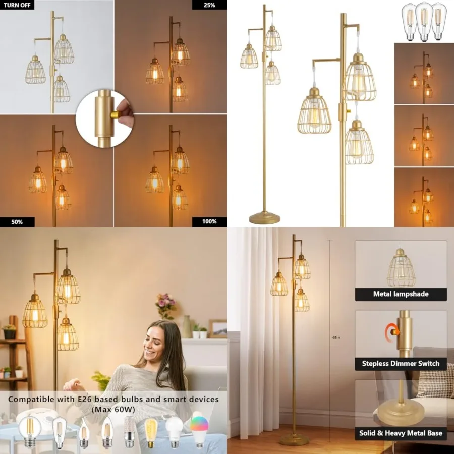 

Dimmale Floor Lamp, Industrial Farmhouse Tall Standing Floor Lamp for Living Room, Bedroom, Corner, Office, 3 Teardrop Cage Lam
