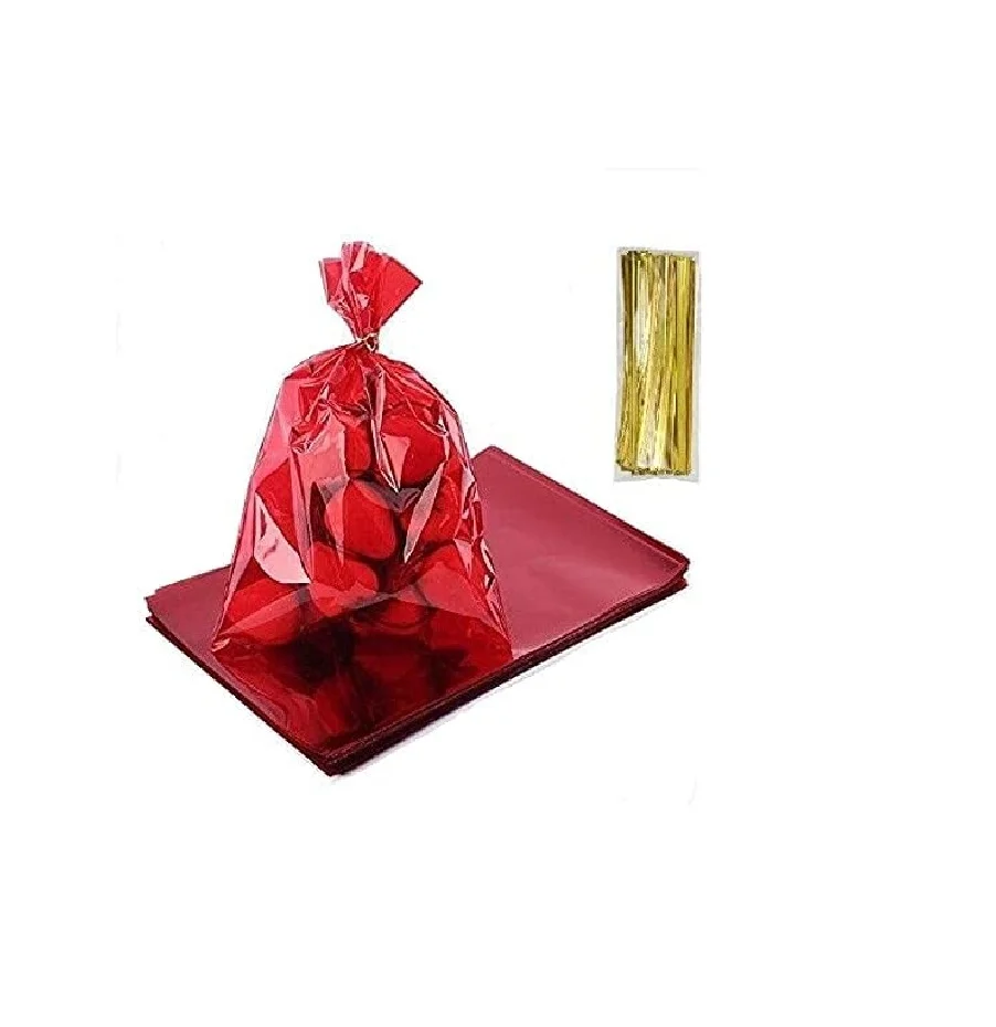 50pcs Cellophane Treat Bags Red Color 6x9 Inch Bags Cellophane Wrap Bags with Twist Ties for Bakery Cookies Sweets Snacks bags