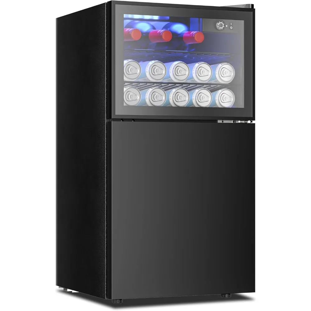 

Double Door Mini Fridge With Freezer, Freestanding Wine Cooler Refrigerator With Reversible Door, Compact Refrigerator Temperat